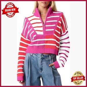Cropped Striped Pullover Sweater Mock Neck Half Zip Loose Fit